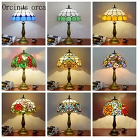 european retro colored glass table lamp bar bedroom bedside lamp mediterranean pastoral color carving decorative table lamp