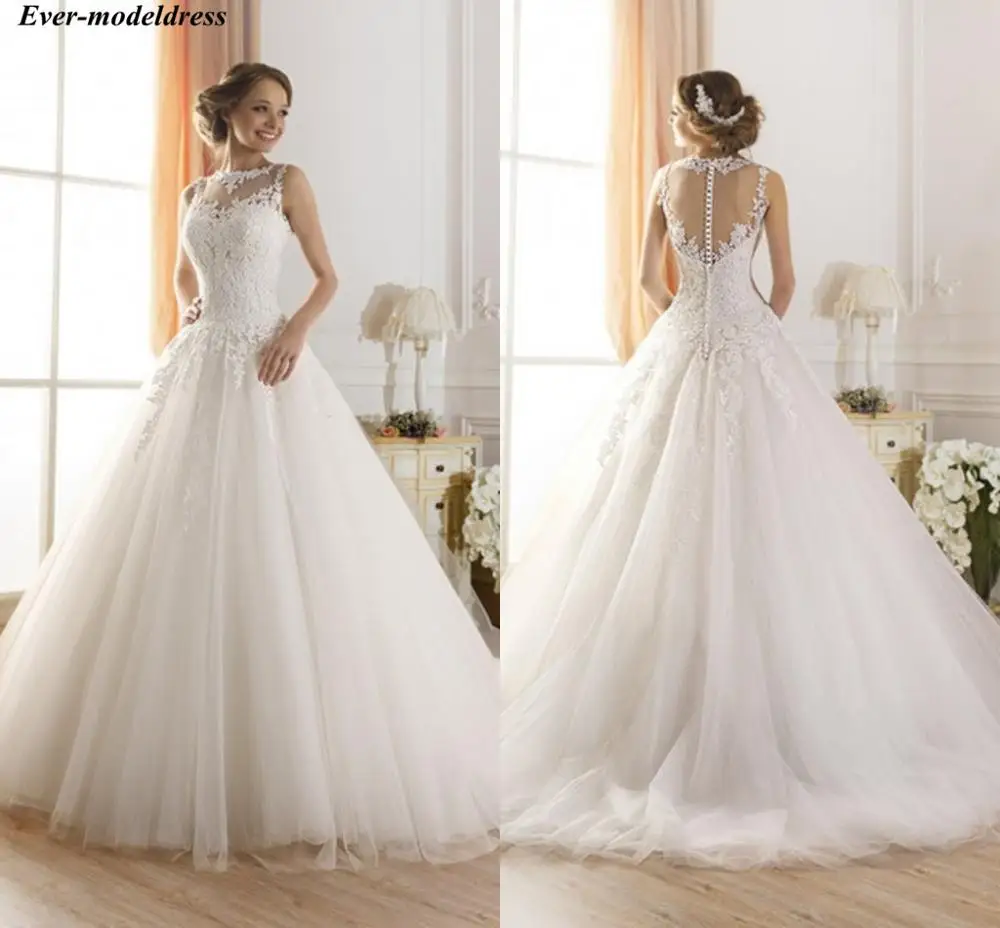 

Vintage Wedding Dresses 2019 A-Line Lace Appliques Sheer Back Sweep Train Tulle Plus Size Customized Bride Gowns Robe De Mariage
