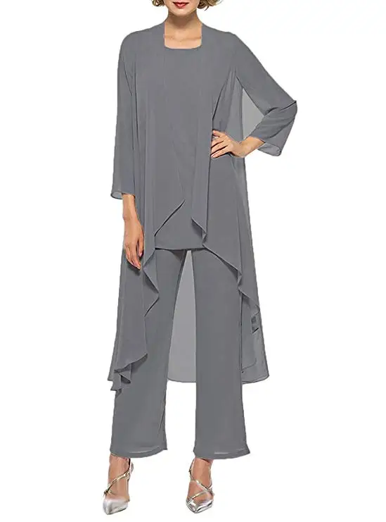 

Women's Grey Three Pieces Mother of The Bride Pant Suits with Long Jacket Custom Made Casual Long Sleeve Mother of Bride Dress