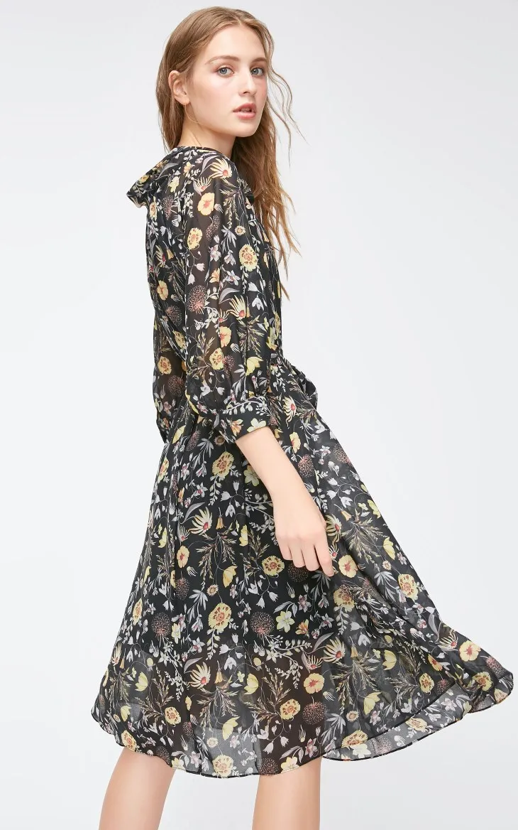 Vero Moda New Women's Low-cut Round Neckline Balloon 3/4 Sleeves Printed Chiffon Dress | 31837C515