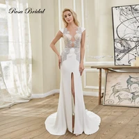 rosabridal mermaid wedding dress 2018 soft satin boat neck cap sleeves outside leg slit appliques beading trumpet bridal gown
