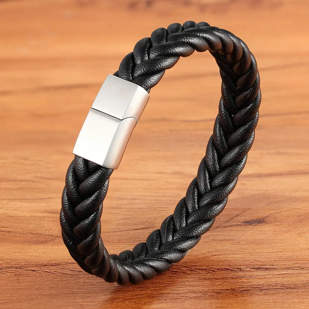 Black with Steel XQNI, ручная вязка, простой стиль, классический мужской браслет, много цветов, нержавеющая сталь, магнитная застежка, Очаровательные кожаные браслеты, подарок - Окраска металла: Black with Steel