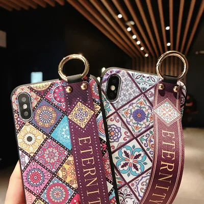 Wrist Strap Case Cover For Iphone 7 8 Plus Phone X XS Soft TPU Silicone Vintage Flower Pattern Holder |