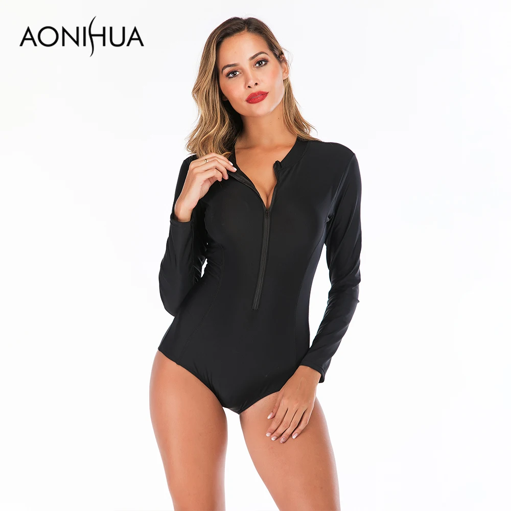Aonihua 2019 Новые поступления Твердые Цвет Одна деталь купальник передняя молния с Pad
