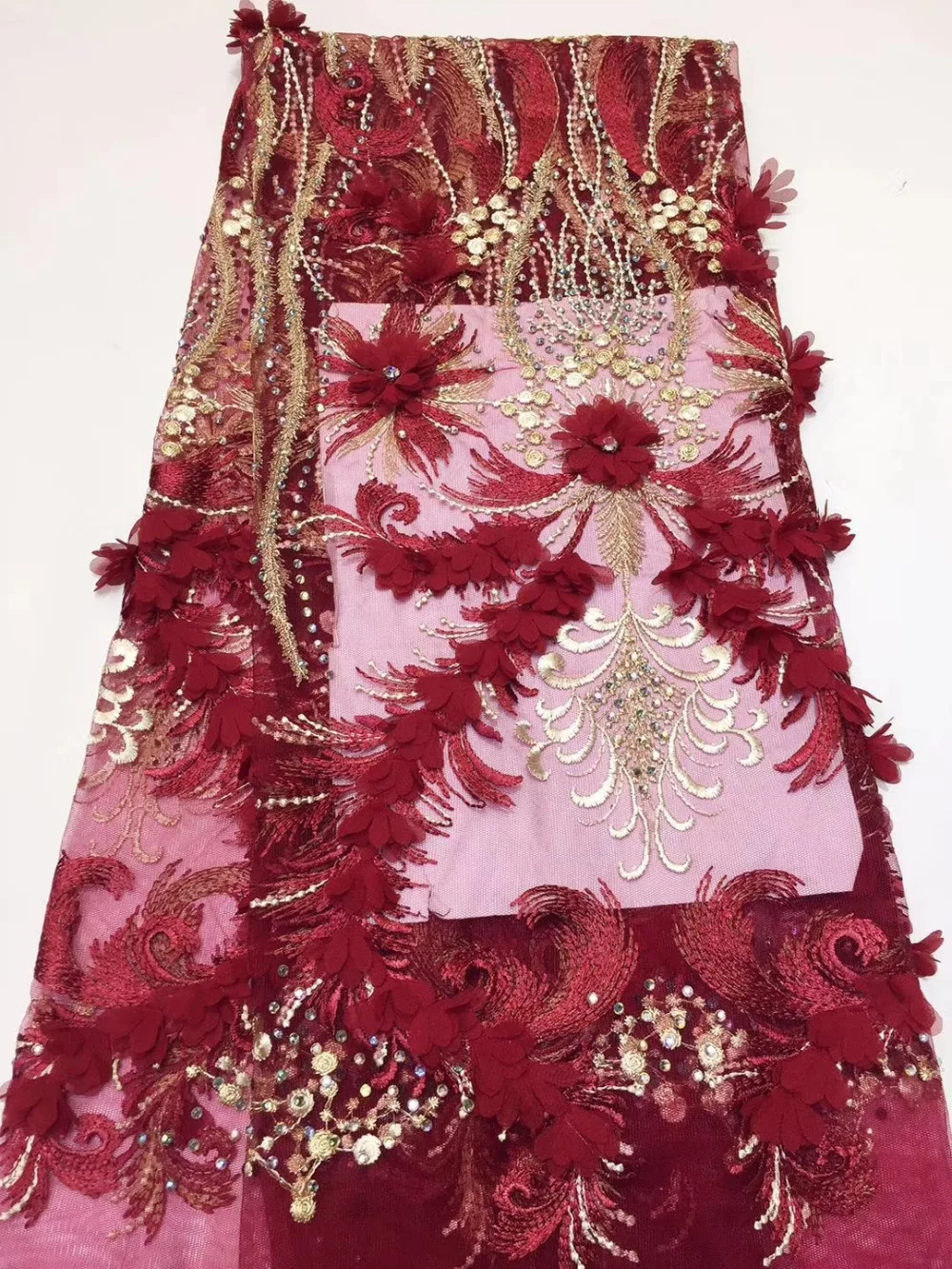 

Wine African 3d lace fabric handmade french net rhinestones tulle mesh flower applique burgundy lace high quality for lady dress