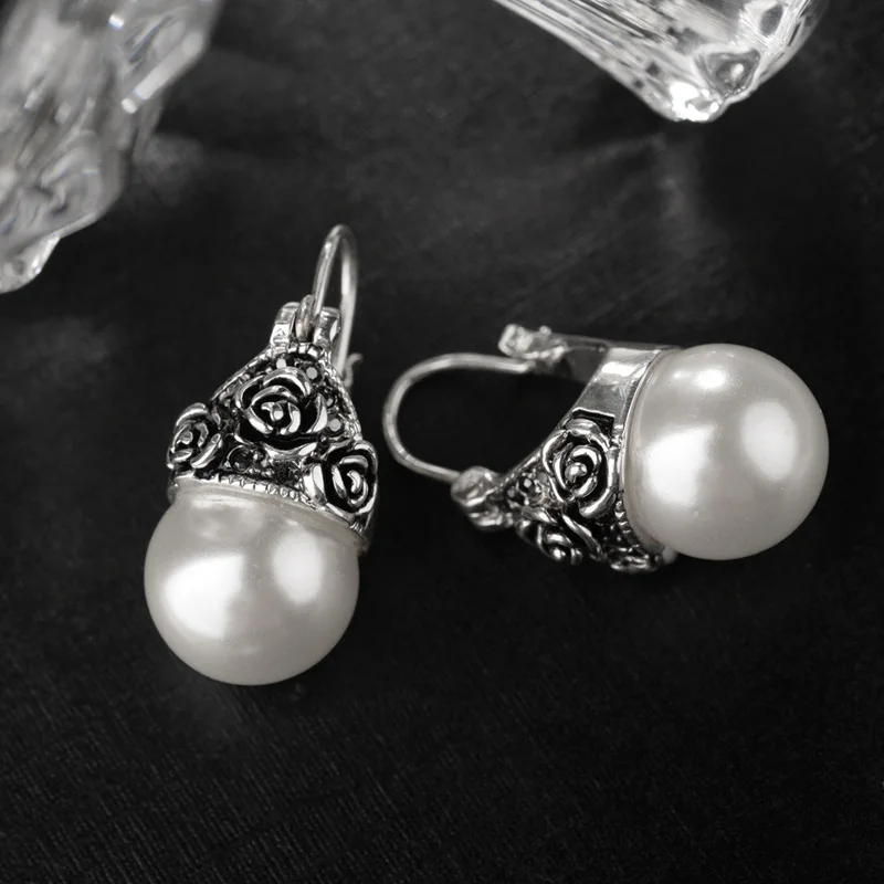 MOONROCY Free Shipping Fashion Jewelry wholesale Vintage Cubic Zirconia Crystal Imitation Pearl Earrings Vintage rings Gift