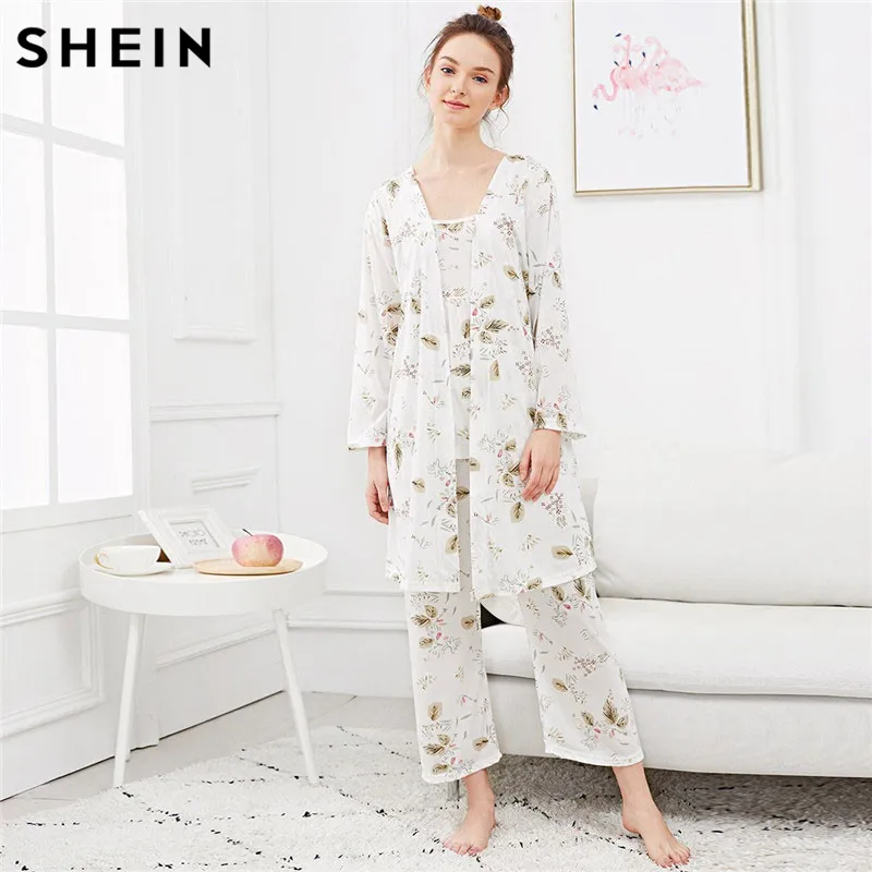 SHEIN Пижама С Цветочным Принтом, Комплект Пижамы Из 3 Предметов, Легкая Пижама И Халат