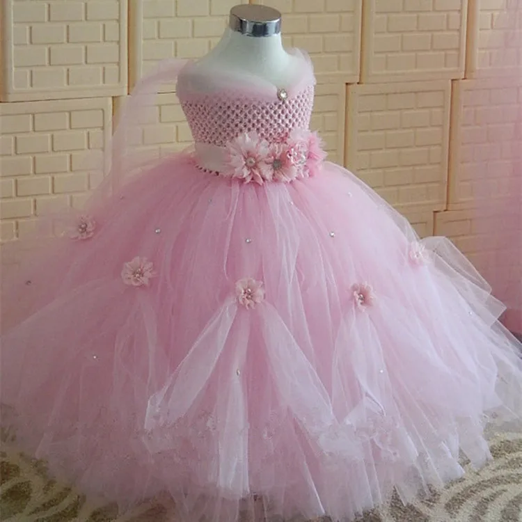 Beautiful Girls Pink Princess Dress Kids Crochet Tail Tutu Ball Gown with Flower Headband Children Wedding Party Dresses | Детская