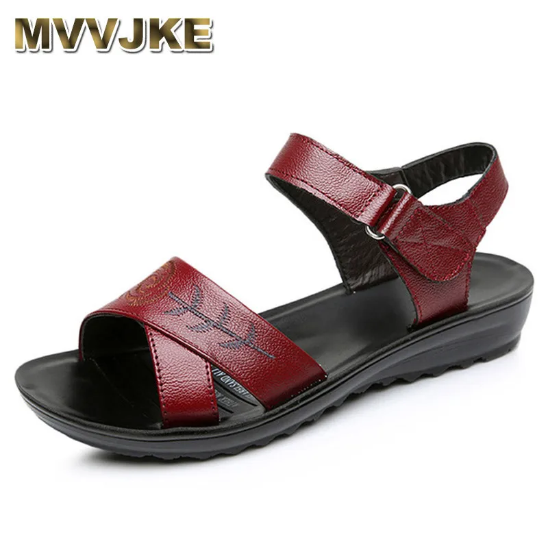 MVVJKE/; модные босоножки из натуральной кожи; женская летняя повседневная обувь; женская пляжная обувь с цветами; сандалии на плоской подошве