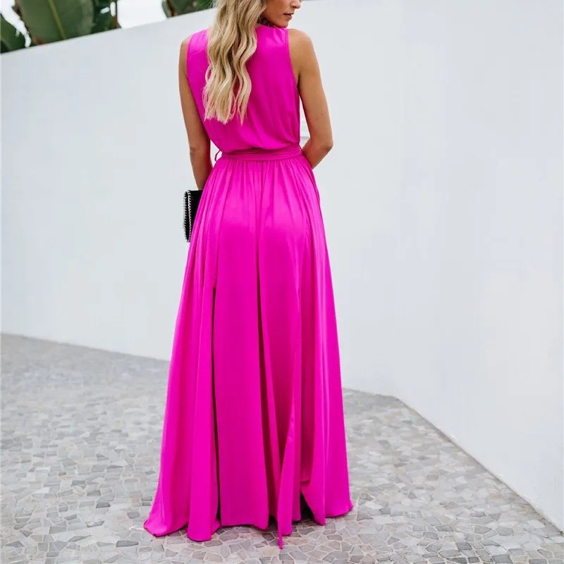 Женское вечернее платье с поясом однотонное v образным вырезом повседневное