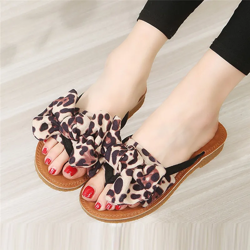 Летние женские шлепанцы с бантом пляжные леопардовым принтом Босоножки на