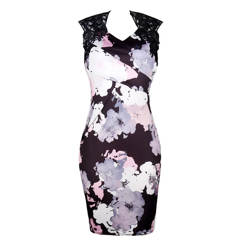 Baharcelin big size 4XL 5XL Printed Floral Dress Girl Women vintage sleeveless V neck Dresses slim A line Lace Vestidos | Женская одежда
