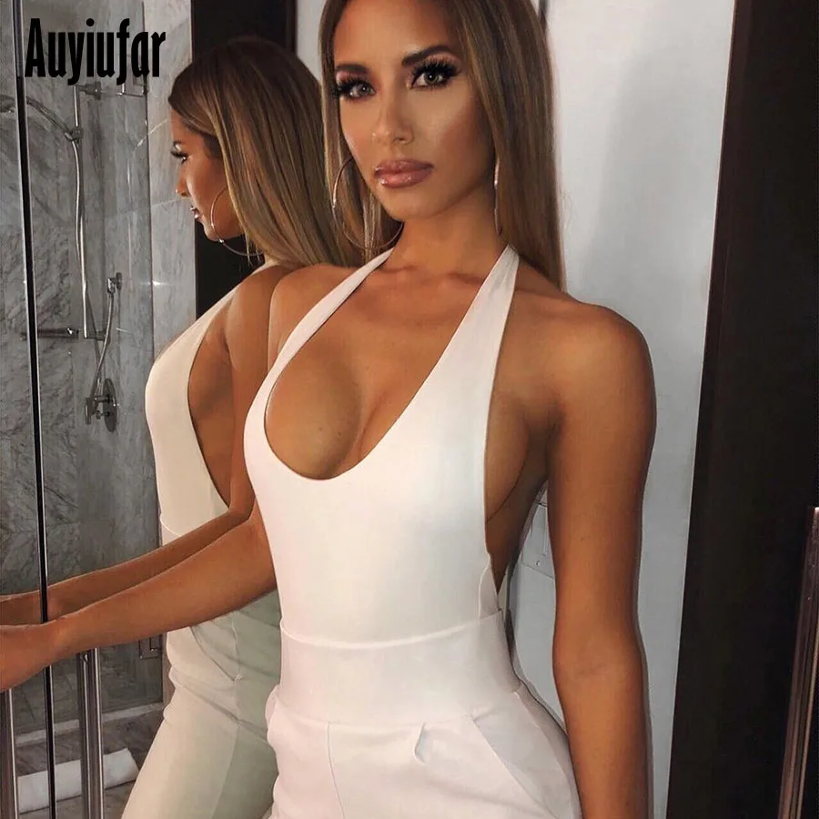 white Auyiufar неоновый костюм с открытой спиной, на бретельках, женский сексуальный облегающий однотонный комбинезон, 5 цветов, женский комбинезон, черный комбинезон для женщин - Цвет: white