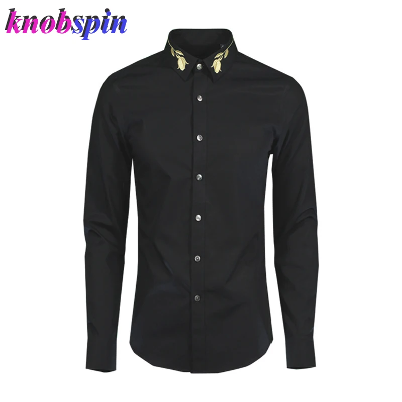 

Europe Fashion Brand Men Shirts Elegant Collar Embroidery Solid Slim Cotton SHIRT Full sleeve Plus size 4XL Anti-Wrinkle