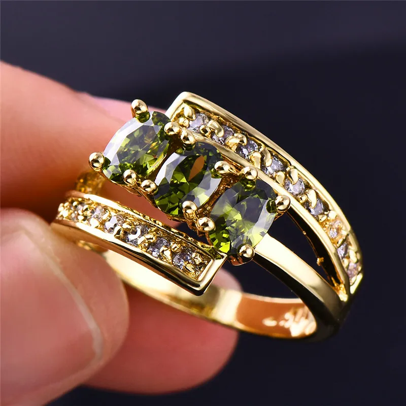 Luxury Female Olive Green Stone Cross Ring Simple Yellow Gold Filled Double Layers Ring Cute Engagement Wedding Rings For Women