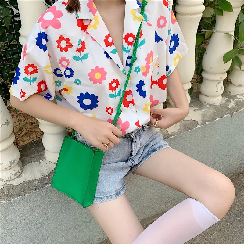 Ins Многоцветный цветочный принт Корейская Свободная Женская одежда с прорезями и