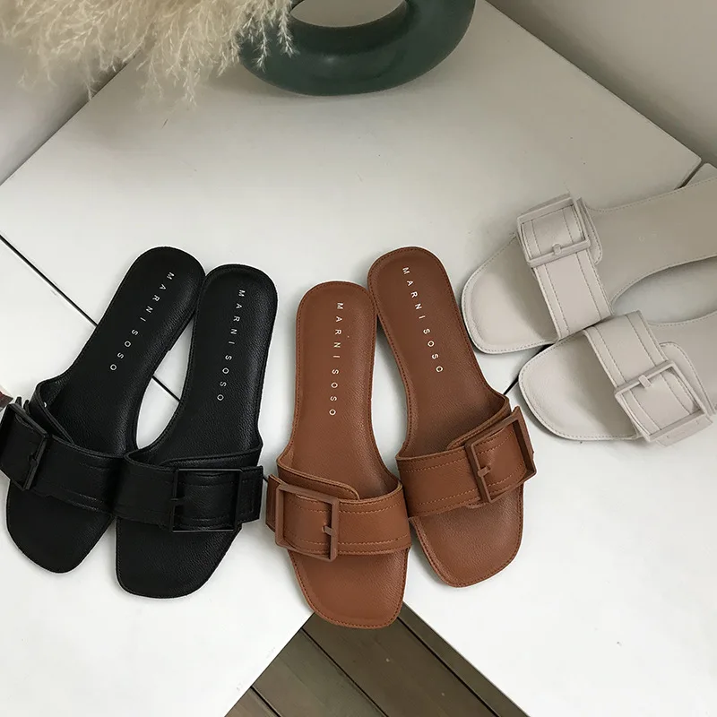 2019 new summer women's Fish mouth fashion fresh air Korean outfit buckle flat slippers size 35-39 f806 | Обувь