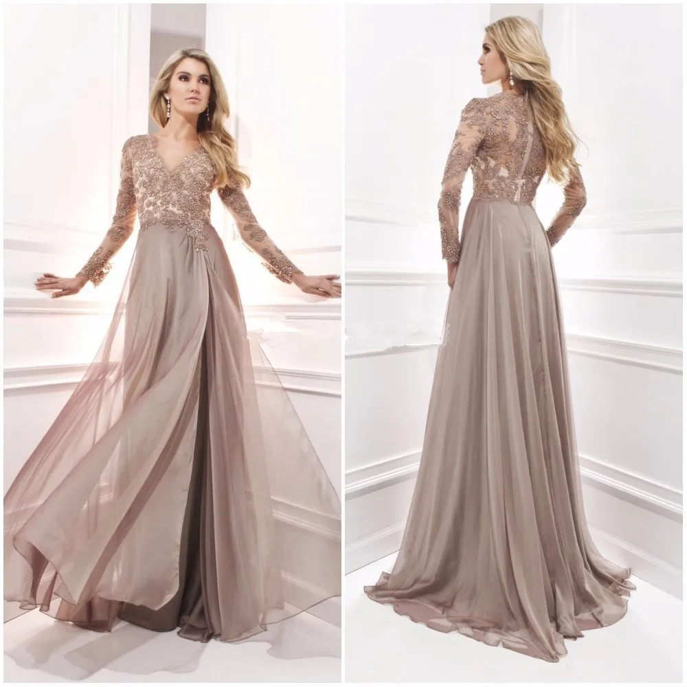 

Fashion V-neck Beaded Appliques Chiffon Long Sleeve Evening Dresses Graceful A-Line Women Party Gown Robe De Soiree
