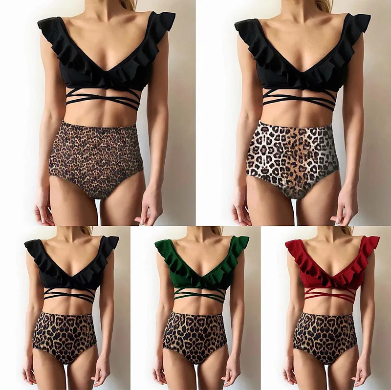 Сексуальный леопардовый бикини Женская повязка купальник с оборками Купальник