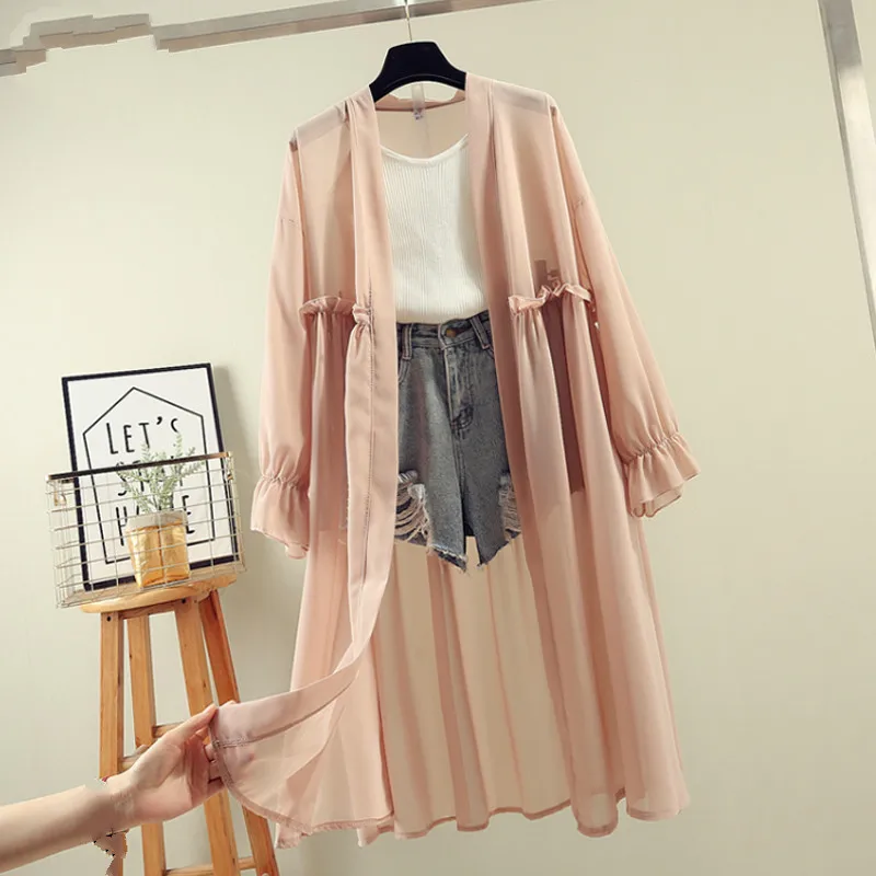 pink khaki blouse Woherb шифоновый длинный кардиган-кимоно, женская рубашка, блузка, Весенняя плиссированная однотонная блузка с оборками и рукавами, летние Прозрачные рубашки - Цвет: pink khaki blouse