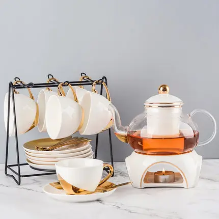 

Nordic English Afternoon Tea Teapot Teacups Ceramic Glass flower Tea Set Heating bubble fruit teapot Home office simplicity