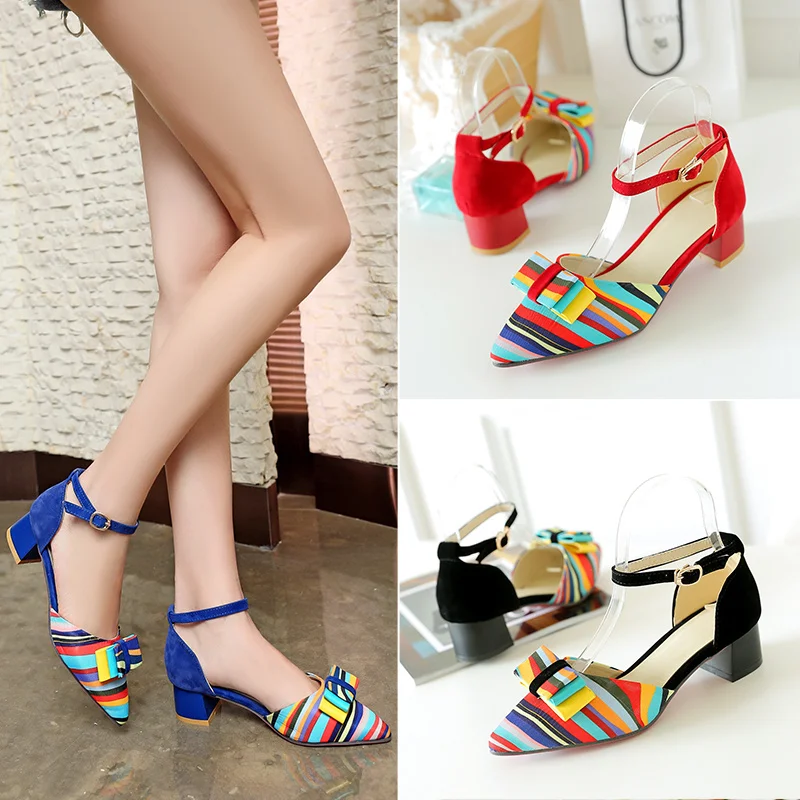 

2019 Women Summer Sandals Women Shoes Colorful butterfly-knot stripe Pointed Toe mid Heel Ladies sandalias Plus Size34-43