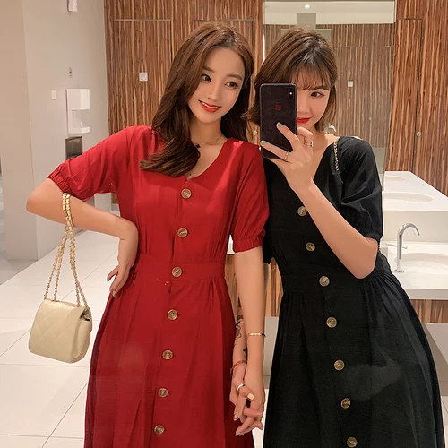 Korean Fashion V Neck Chic Summer Dress Brief Single Breasted A-line Dresses High Waist Casual Pocket Vestidos De Fiesta | Женская