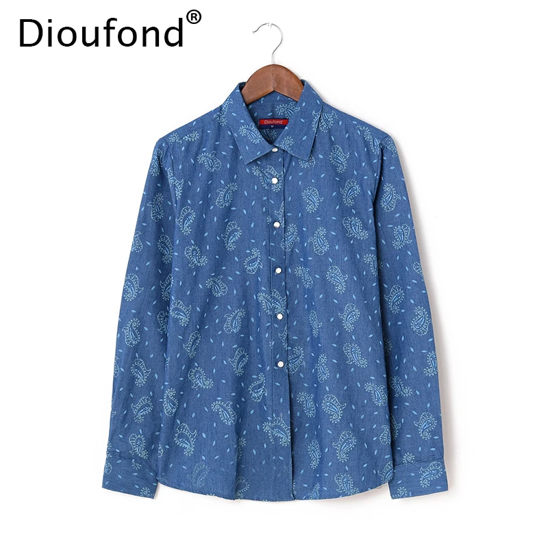 Dioufond Denim Shirts Women Blouses Pesley Print Thin Cotton Blouse Long Sleeve Slim Tops Blusas Camisa Jeans Casual Out|denim shirt women|shirt