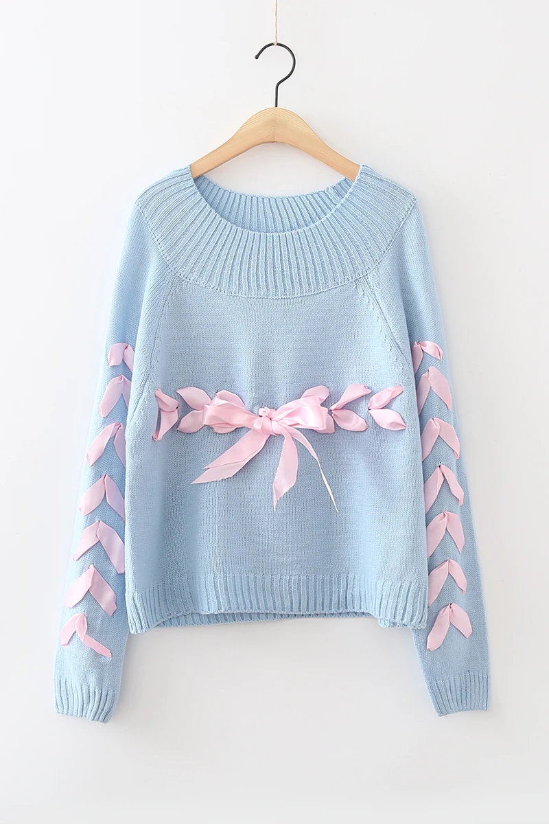 Fresh Style Fashion Lady Knitwear Women Casual Tops Sweater Autumn Knitted Plus Size Split Female Pullover with Lacing | Женская одежда