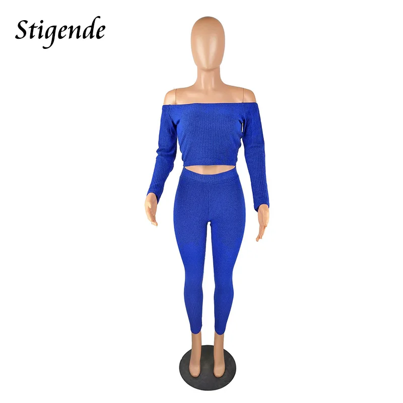 Stigende, сексуальный спортивный костюм из 2 предметов, женские повседневные комплекты, однотонный вязаный комплект из двух предметов, топ с длинными рукавами и штаны, комплект из 2 предметов
