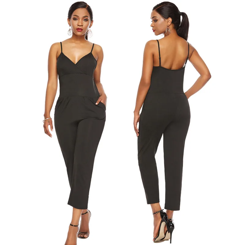 

Echoine Sexy Spaghetti Straps V Neck Off Shoulder Hollow Out Plus Size 4XL 3XL Ankle Length Jumpsuit Overalls with Pockets