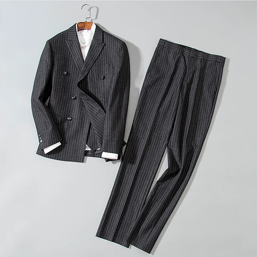 Men's Stripe 3 Pieces Wool Suits High Quality Double Breasted Suits Formal Slim Jackets Pants Vest Luxury Dark Grey Menswear A27