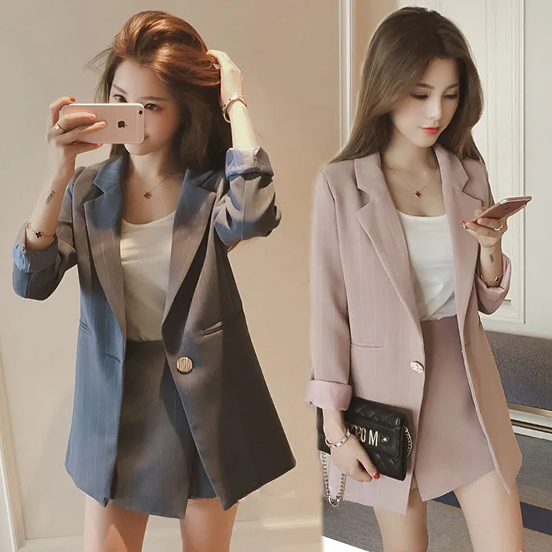 Фото Женский модный комплект 2019 Корейский Осенний Блейзер костюм розовая куртка в