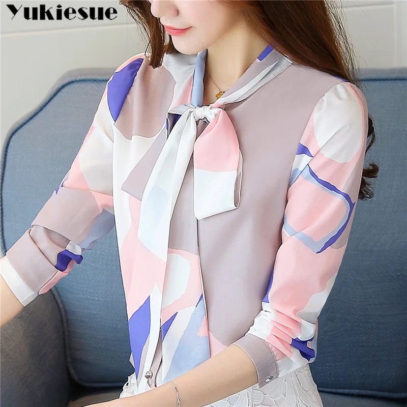

fashion woman blouses 2018 women's blouse shirt chiffon blouses long sleeve print bow bluasas womens tops and blouses Plus size