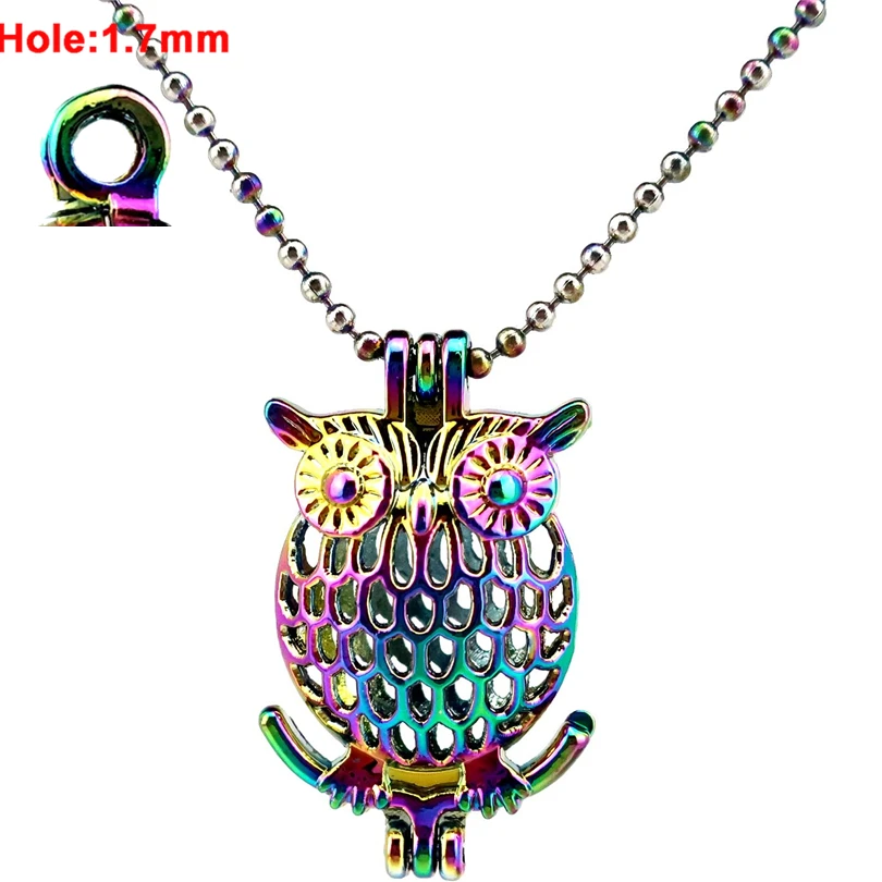 R-C17 Rainbow Colors Owl Beads Cage Pendant Essential Oil Diffuser Aromatherapy Pearl Locket Necklace | Украшения и аксессуары