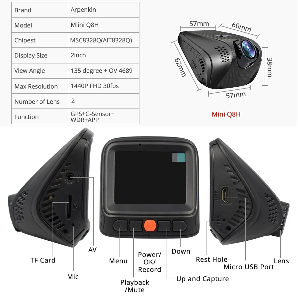 Видеорегистратор Mini Q8H MSC8328Q 1440P Full HD Wi Fi GPS|dash camera|car cameravideo recorder |