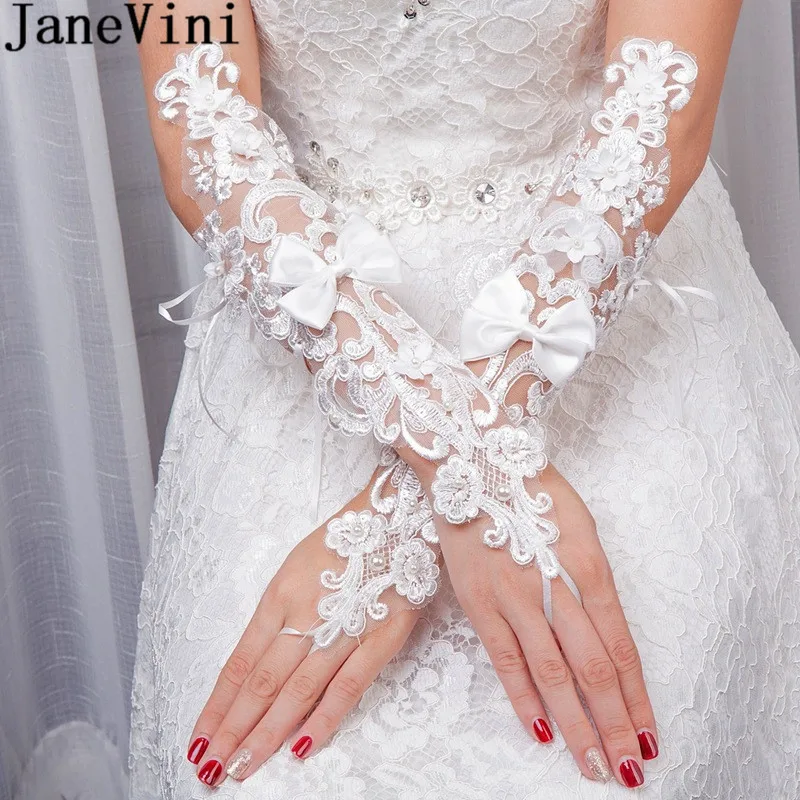 JaneVini белые длинные свадебные перчатки без пальцев с жемчужным бантом женские свадебные кружевные перчатки длиной до локтя Свадебные перча... от AliExpress WW