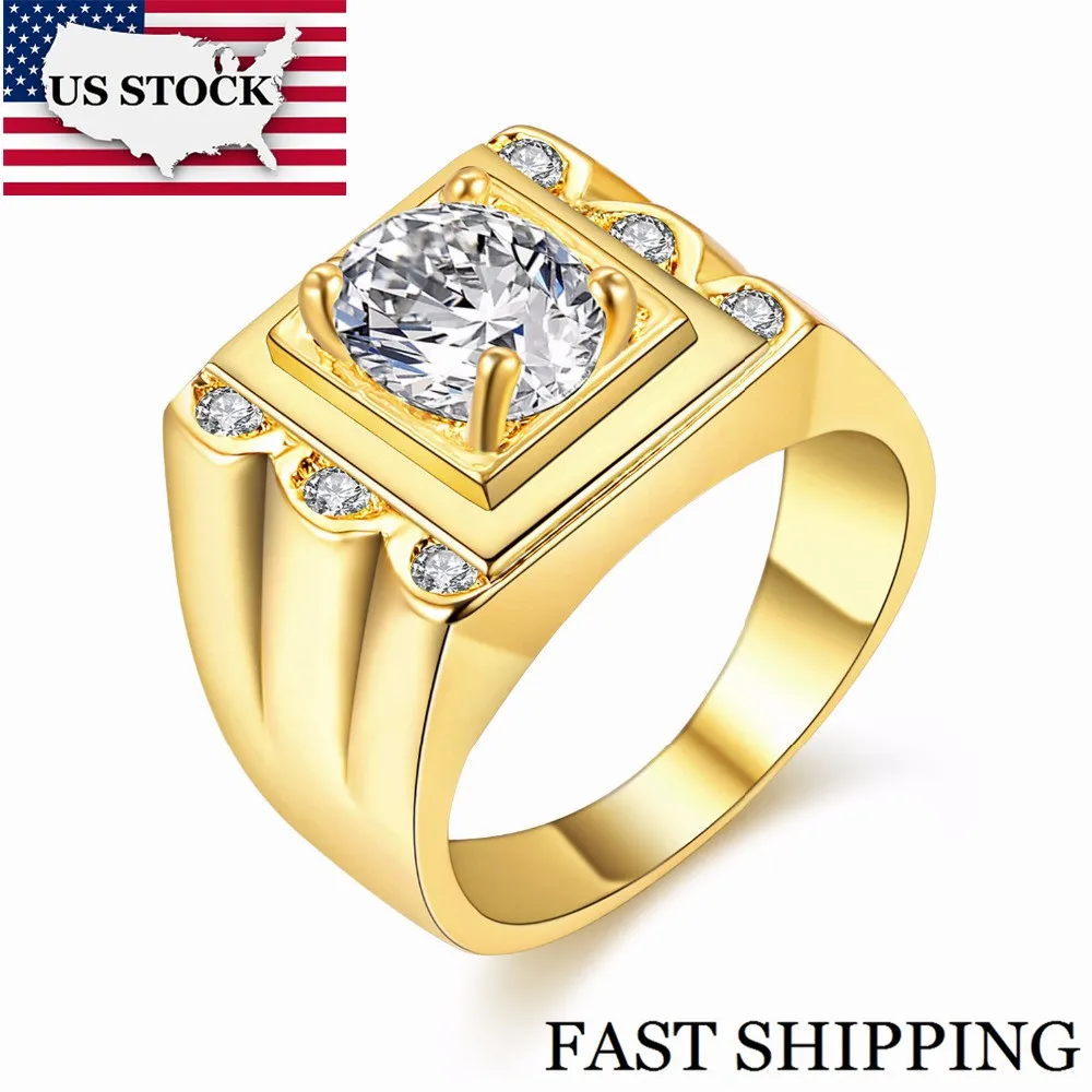 US STOCK New Gold Color Crystal Engagement Ring for Men Vintage Rings Gift Jewelry Mujer Bague Homme Bijoux Uloveido JX003 | Украшения и