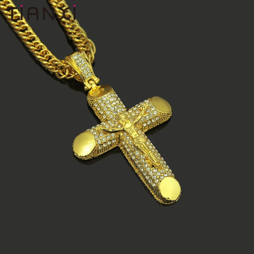 Hip Hop Alloy Gold Color Cross Pendant Necklace Religious Iced Out crystal Crucfix Jewely For Men Free Chain |