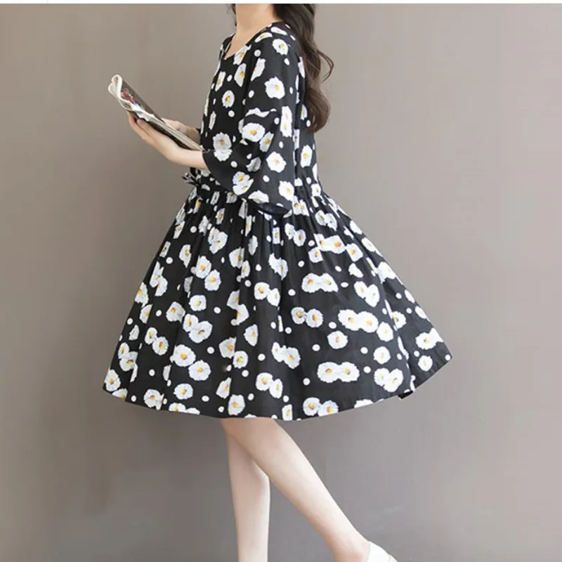 MSSNNG ромашка цветочный принт Ретро Круглый вырез хлопок Свободные Большие