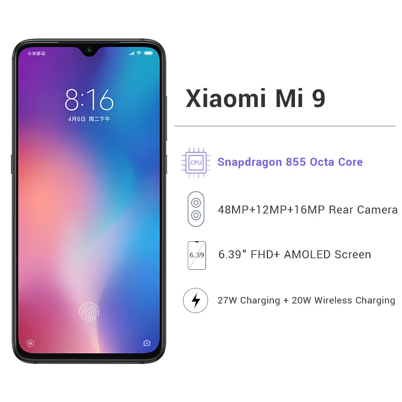 Глобальная версия Xiaomi mi, 9 mi 9, 6 ГБ ОЗУ, 64 Гб ПЗУ, мобильный телефон Snapdragon 855, четыре ядра, 6,39 дюймов, AMOLED, полный экран, 48мп, камера заднего вида