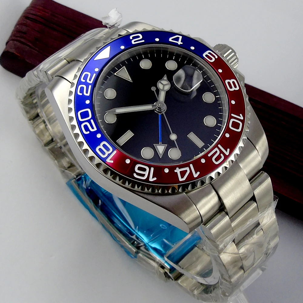 43mm bliger black dial GMT black & red bezel sapphire crystal automatic mens watch P7