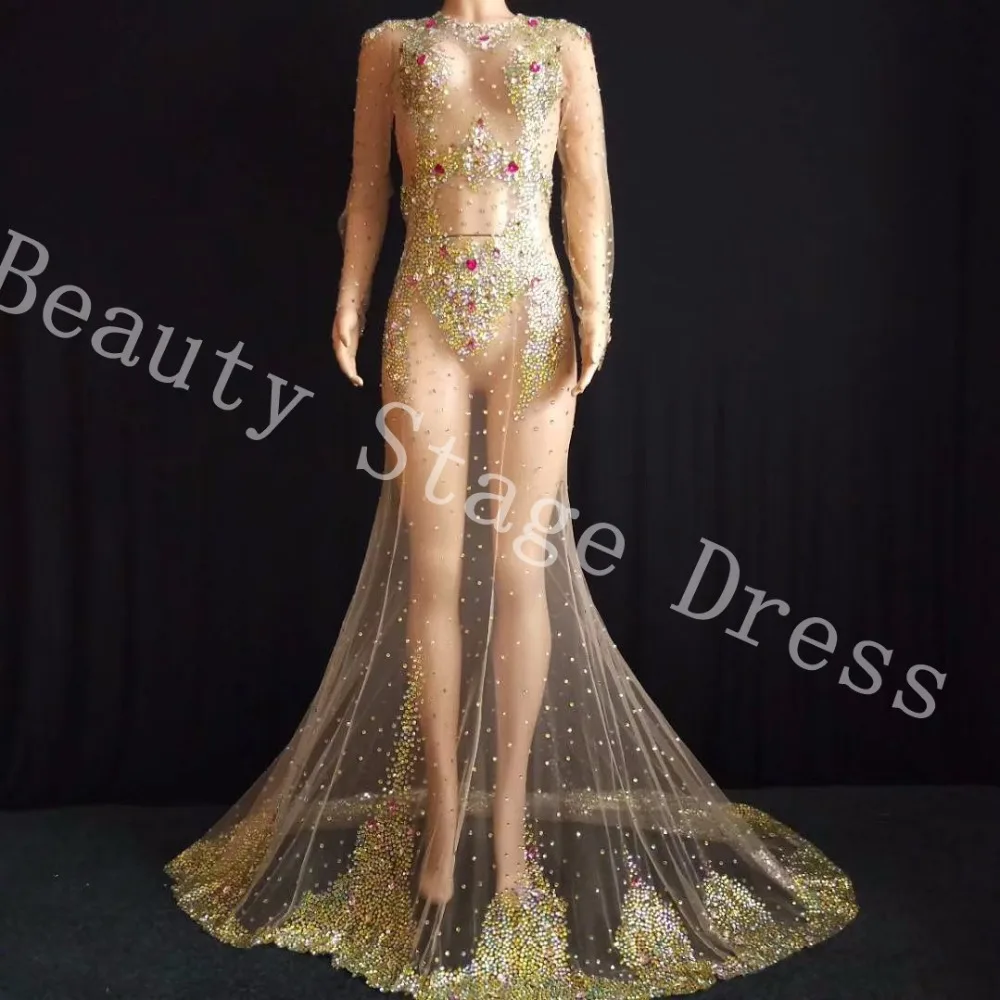 

Multi-color Crystals Respective Long Train Dress Super luxurious Big Tail Dress Evening Costume Wedding Celebrate Dress