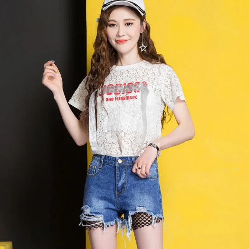 Women 2018 summer fishnet hollow out mesh hot pants with holes loose casual wide leg crochet jeans short denim shorts for female | Женская