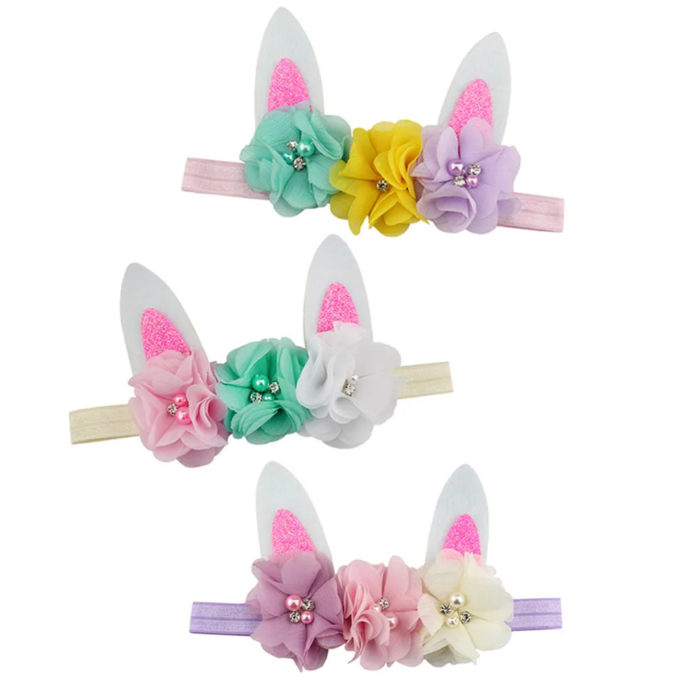 

2019 Easter Headbands 9pcs/lot Bunny Ears Headband for Girls Shabby chiffon Flowers Elastic Hair Bands Party Hair Accessories