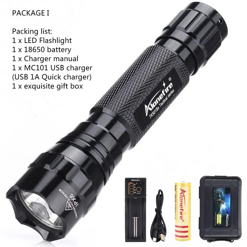 Тактический фонарь AloneFire 501B XM-L T6 L2 U3, мощный водонепроницаемый фонарь, наружный фонарь для кемпинга, 18650 перезаряжаемый аккумулятор - Испускаемый цвет: PACKAGE I