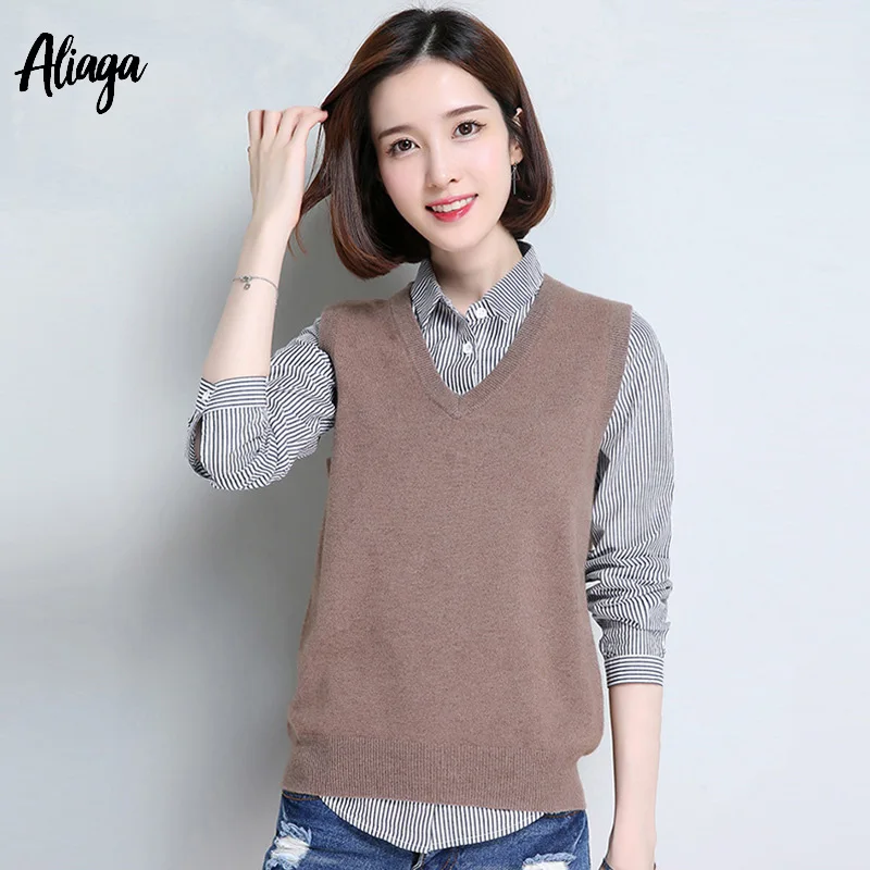 Качественный 100% чистый кашемировый женский жилет вязаный пуловер с v-образным
