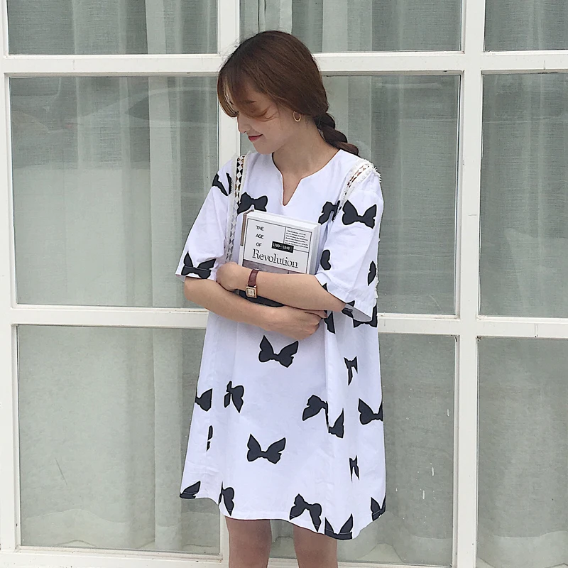 sweet summer new v-neck short sleeve lace hollow out bow print straight mini-dress fashion brand Korean style Women's Clothing | Женская