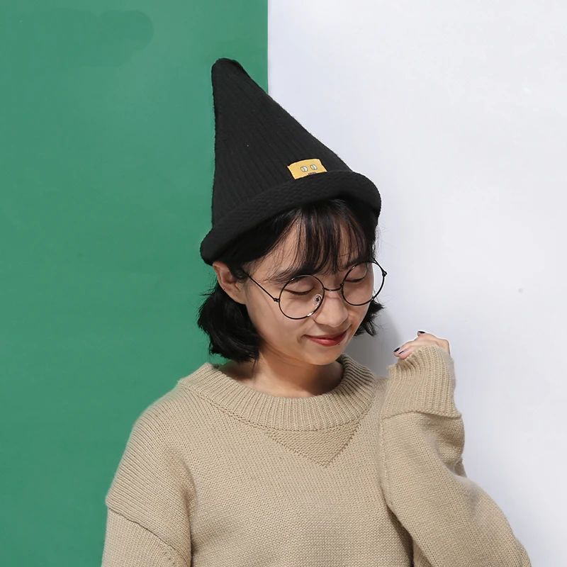 2019 Winter Fashion Knitted Black Hat Autumn Woman Thick Warm Wool Cap Ladies New Triangle Curling Print Casual | Аксессуары для
