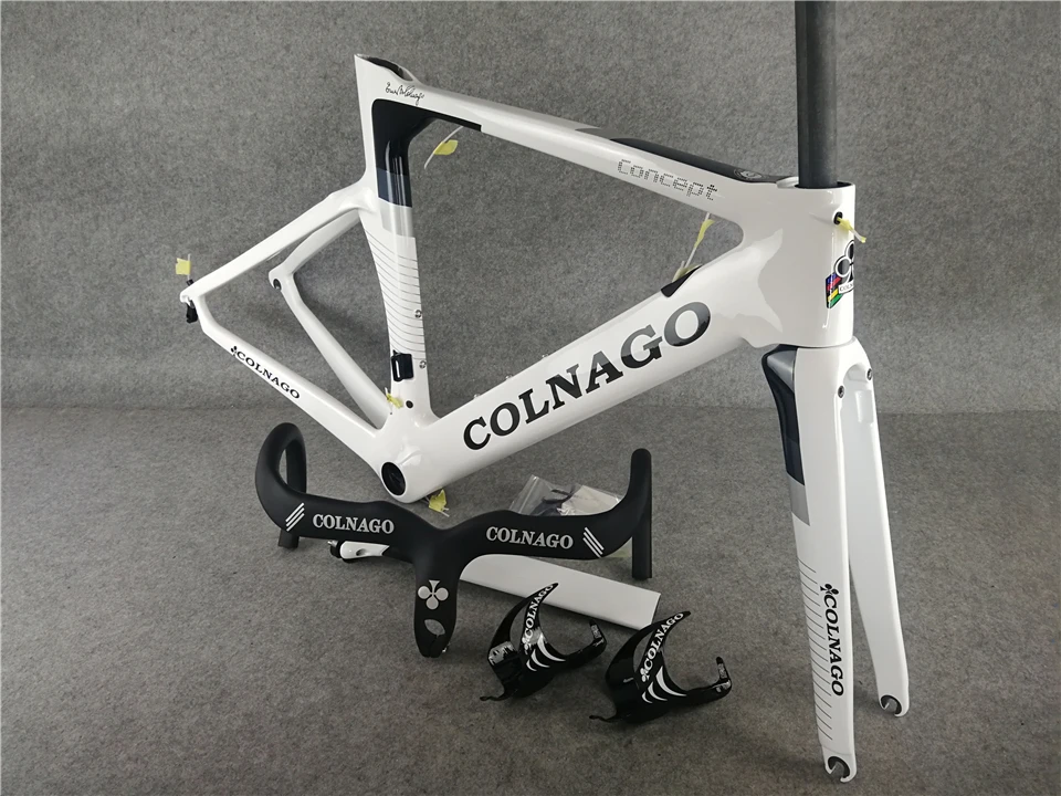 Глянцевая велосипедная Рама Colnago с белым Карбоновым покрытием+ руль Colnago серебристого цвета+ карбоновые бутылки colnago